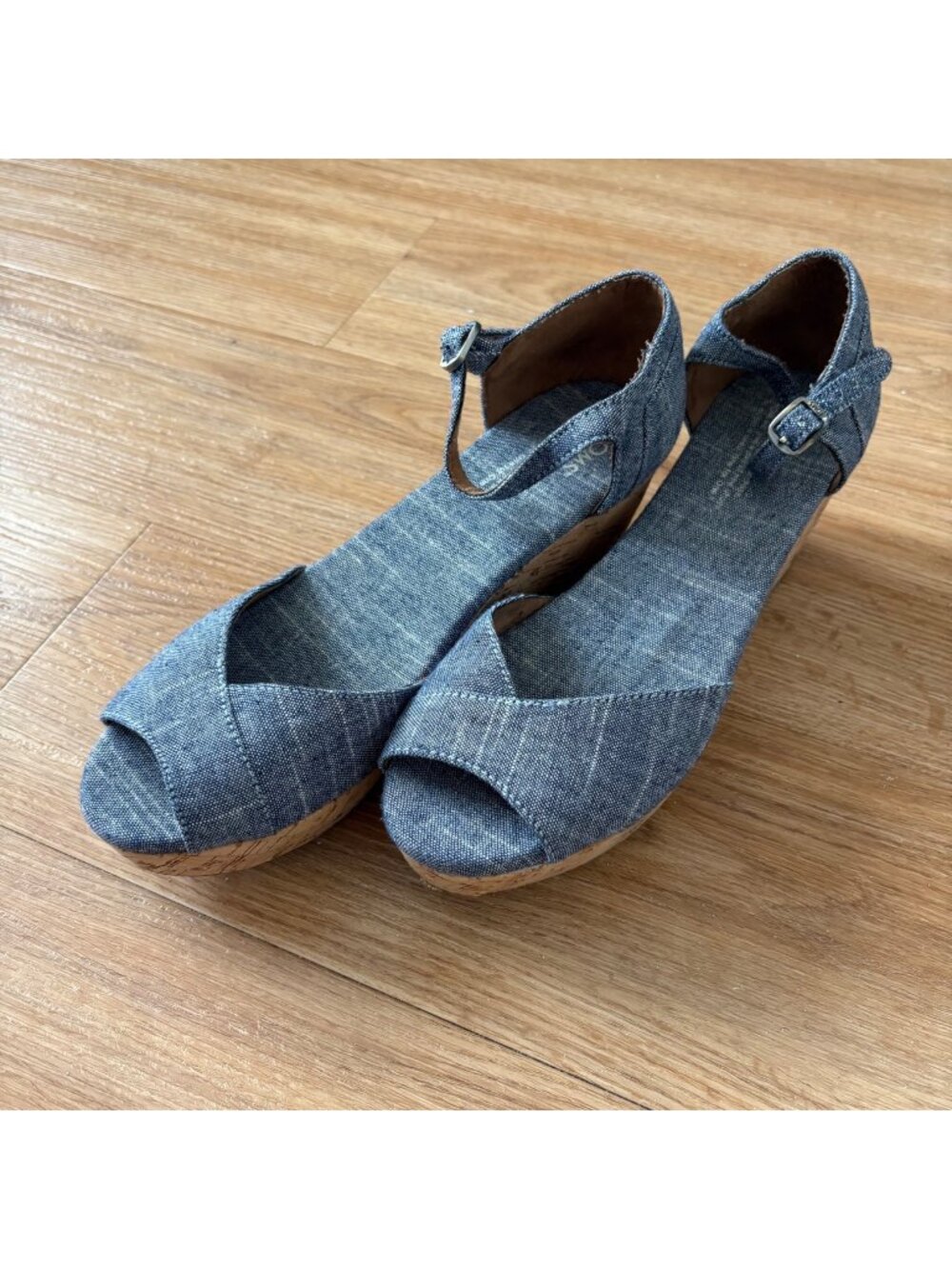 Toms Cork Wedge Platform Ankle Strap Sandals Chambray Denim Women’s Size 9